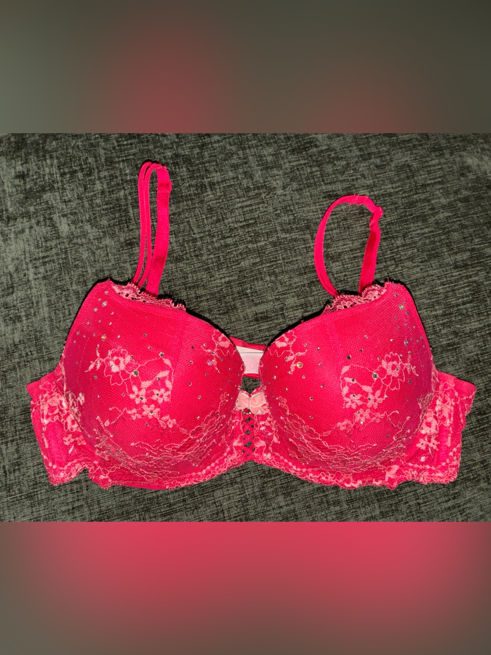 Victoria's Secret Cherry Pink Lace Push-Up Bra with Rhinestone Embellishments